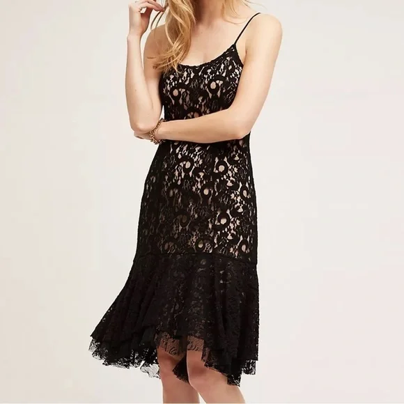 Anthropologie Moulinette Soeurs Cotrena Flounced Black Laced Dress Size 6 - Picture 1 of 12